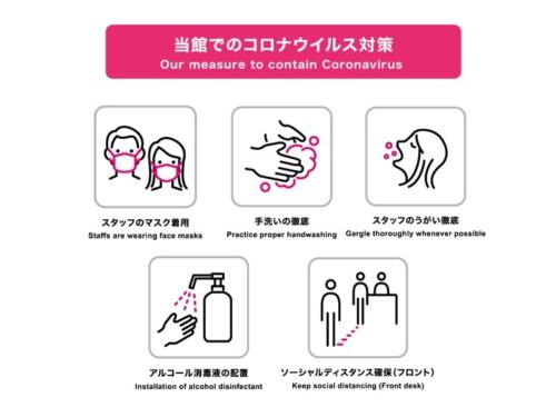 una serie di segni e pittogrammi delle misure per contenere illustrazioni di coronavirus di Hotel Halrotto Fukuoka Hakata - Vacation STAY 04185v a Fukuoka