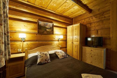 ein Schlafzimmer mit einem Bett und einem TV in einer Hütte in der Unterkunft Noclegi u Hanki in Bukowina Tatrzańska