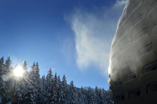 widok na słońce świecące za grupą drzew w obiekcie AlpenGold Hotel Davos w Davos