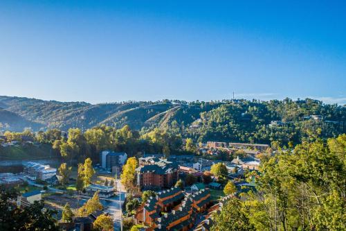 una vista aerea di una città con alberi e edifici di The Blue Spruce a Gatlinburg