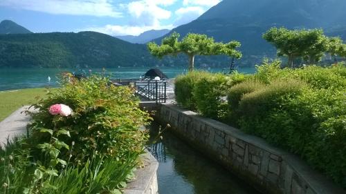 デュアンにあるRare : au bord du lac d’Annecy, cosy appartement en rez de jardin avec terrasse privativeの川と山を背景にした庭園