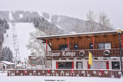 レッドリバーにあるAlpine Lodge Red Riverの雪の中にスキー場がある建物