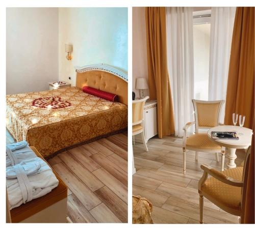 two pictures of a hotel room with a bed and a table at Palace Hotel & SPA La CONCHIGLIA D' ORO in Vicenza