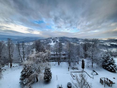 Luftblick auf einen schneebedeckten Berg in der Unterkunft Krokus in Wisła