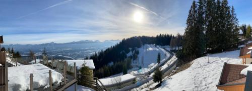 widok na pokrytą śniegiem górę z drzewami i budynkami w obiekcie Gerlitzen, Gerlitzen Alpe, Residenz Kanzelhöhe, Ossiacher See w mieście Treffen am Ossiacher See