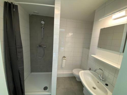 ein Bad mit einer Dusche, einem WC und einem Waschbecken in der Unterkunft Short Stay Wageningen in Wageningen