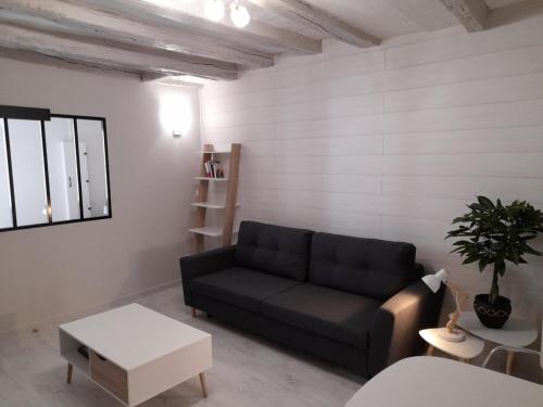 a living room with a black couch and a table at Le cosy d'Amboise in Amboise