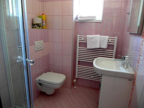 a pink bathroom with a toilet and a sink at Apartmány Dalila in Rajecké Teplice