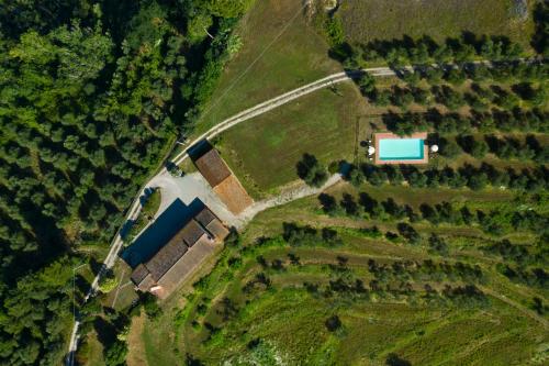 une vue aérienne sur un champ avec une maison et des arbres dans l'établissement Podere l'Ulivo, à San Miniato