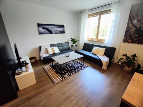 uma sala de estar com um sofá e uma mesa em Apartman Loggia Park & Free Parking em Žilina