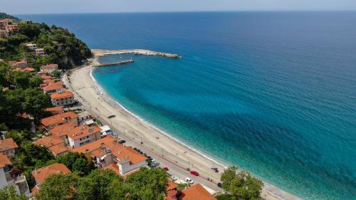 uma vista aérea de uma praia e do oceano em Aegean Blue - Villas Stivachtis em Agios Ioannis Pelio