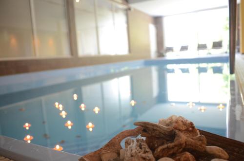 uma piscina com uma cesta de comida ao lado de uma piscina em Villa Buchenhain em Ehrwald