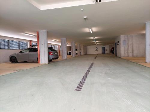 ein Parkhaus mit einem Auto darin geparkt in der Unterkunft Apartmán Rezidence Javor Železná Ruda in Železná Ruda