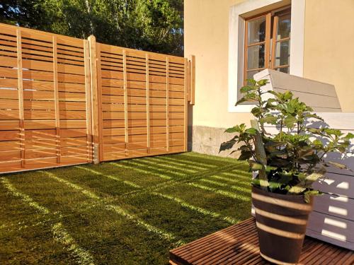 un giardino con recinzione in legno e una pianta di Zur alten Post Zittau a Zittau