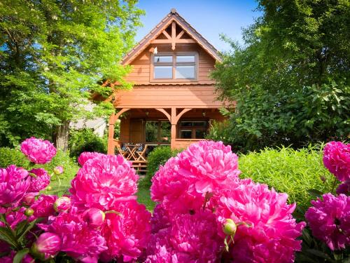 una casa con fiori rosa di fronte di Sosnowy domek w rezerwacie nad Narwią a Bokiny