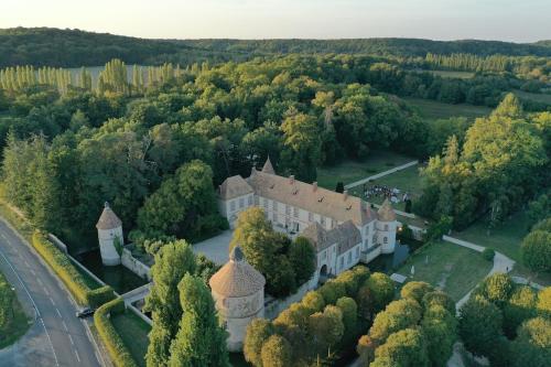 una vista aérea de un castillo con árboles y una carretera en Château de la Cour Senlisse, en Senlisse