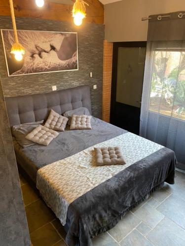 Un dormitorio con una cama grande con almohadas. en HOTEL NATURE LE LOFT, en Pierrelatte