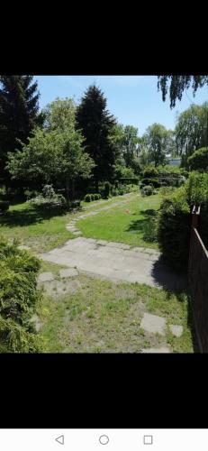 un chemin dans un champ avec des arbres et une clôture dans l'établissement Pokój u Lucyny, à Gdańsk