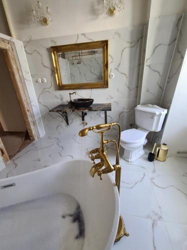 a bathroom with a tub and a sink and a toilet at Apartmány Svätá Barborka in Banská Štiavnica