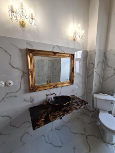 a bathroom with a sink and a mirror and a toilet at Apartmány Svätá Barborka in Banská Štiavnica