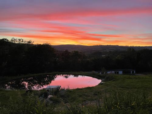 einen Sonnenuntergang über einem kleinen Teich auf einem Feld in der Unterkunft Stags View,Unique eco cabin, Dartmoor views in South Brent