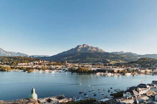 vista su una grande pozza d'acqua con barche di Art Deco Hotel Montana Luzern a Lucerna