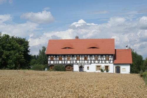 una casa con techo rojo en la parte superior de un campo en Izerski dom, en Leśna