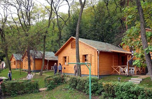 una cabina di legno con persone che vi stanno fuori di Zöldvár villa a Bogács