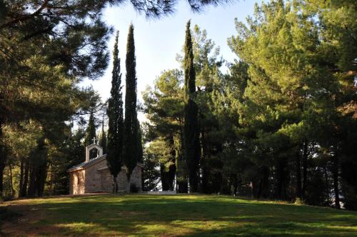 a church in the middle of a field with trees at Aphrodite's Inn Kalavrita in Kalavrita