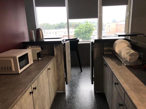 a kitchen with a microwave sitting on a counter at Red Cube Hotel in Kamianets-Podilskyi