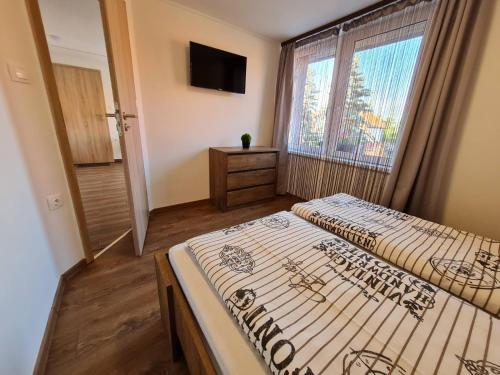 a bedroom with two twin beds and a window at Holdudvar Apartman in Gyula