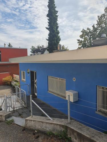 un edificio blu con una porta blu e scale di Viktoria Budget Hostel a Zurigo