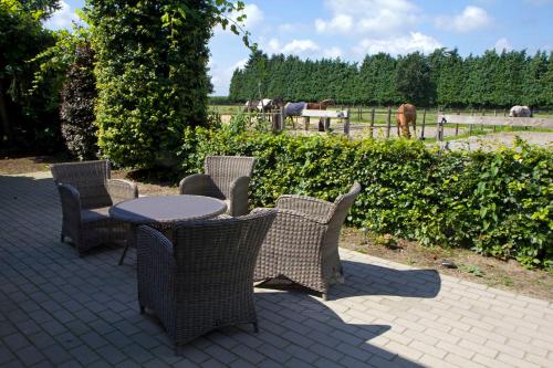 un patio con mesa, sillas y caballos en un campo en Het Jachthuus - Vakantiewoning Oscar Hoeve, en Ede