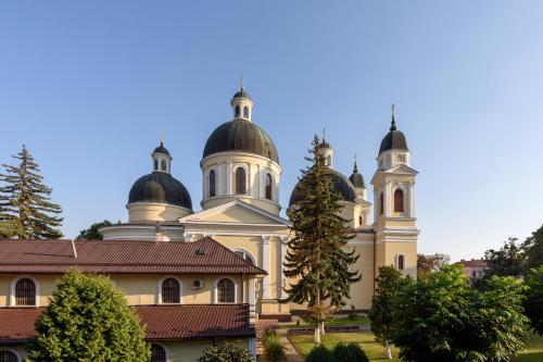 um grande edifício com cúpulas em cima em Apart Hotel Fusion em Chernivtsi