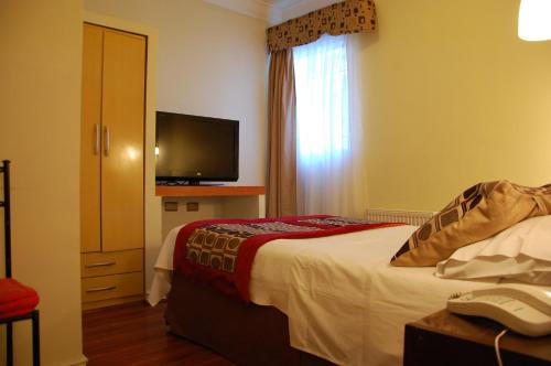 een hotelkamer met een bed en een televisie bij Hotel Plaza Concepción in Concepción