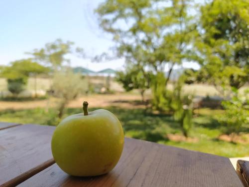 una manzana verde sentada sobre una mesa de madera en Ktima Anastasia, en Nauplia