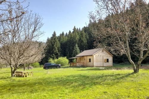 uma casa num campo com um carro estacionado ao lado em Wood Cabin by the River - for Nature Lovers em Vytina