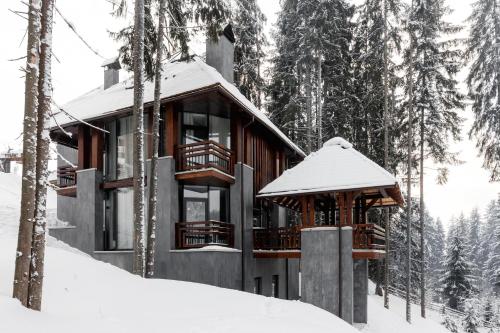 a log cabin in the woods with snow on it at Stara Pravda Villas in Bukovel