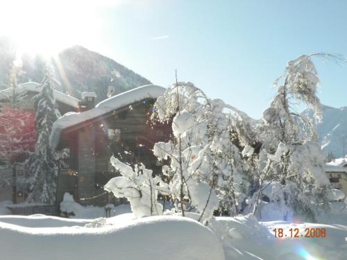 a building covered in snow with trees in front of it at Hotel Bellevue in Champoluc