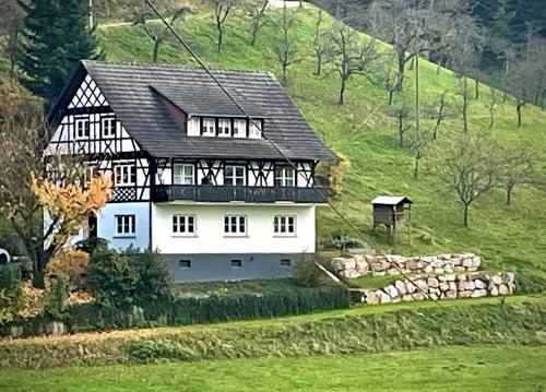 una casa bianca con un tetto nero su una collina di Ferienwohnung Hesselbach a Oberkirch