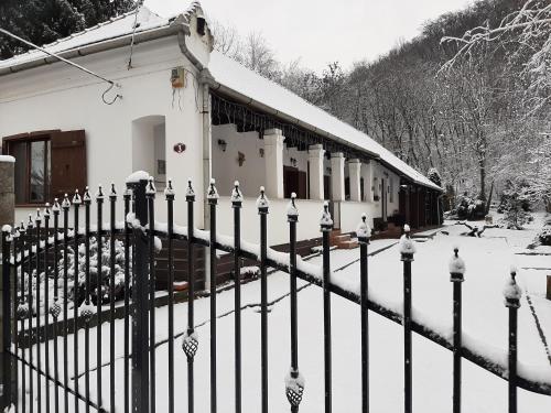 una recinzione coperta di neve di fronte a un edificio di Bodza Vendégház - Apartmanház a Demjén