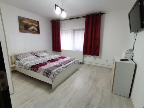 1 dormitorio con 1 cama y TV en Mario Apartament regim hotelier, en Reşiţa