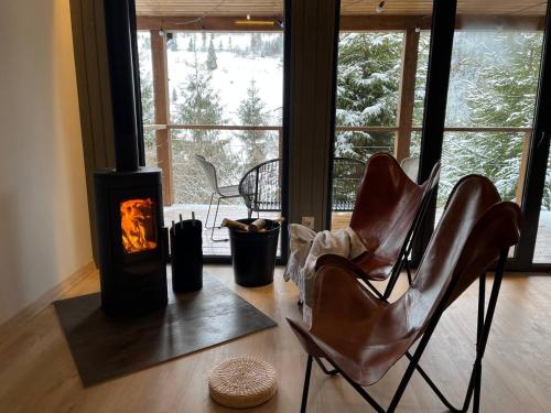 sala de estar con chimenea y 2 sillas de cuero en Над фермою, en Nizhne-Studënyy