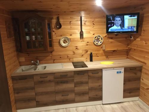 een keuken met een tv aan een houten muur bij Pokoje i domki nad Kanałem Bystrym in Augustów