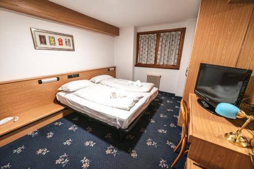 ein kleines Schlafzimmer mit einem Bett und einem Flachbild-TV in der Unterkunft Smart Hotel Renzi in Folgarida