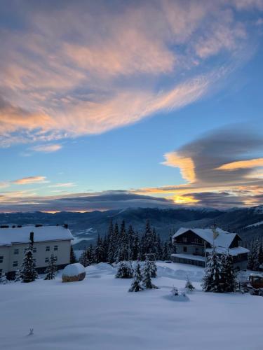 - une vue sur une montagne enneigée avec des maisons et des arbres dans l'établissement Горизонт, à Dragobrat