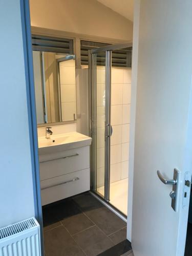 ein Bad mit einem Waschbecken und einer Dusche in der Unterkunft B&B Zee van Tijd Domburg in Domburg