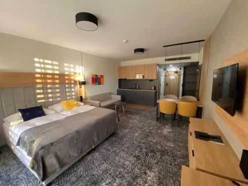 1 dormitorio con 1 cama grande y sala de estar en Apartment Family Besenova Aquapark - zlava 20p, en Bešeňová