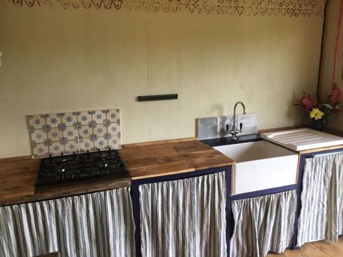 A kitchen or kitchenette at Sky View Shepherd's Huts with Woodburning Hot Tub