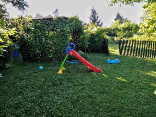 un équipement de jeux pour enfants dans l'herbe d'une cour dans l'établissement Apartmani Zapis Vrdnik, à Vrdnik